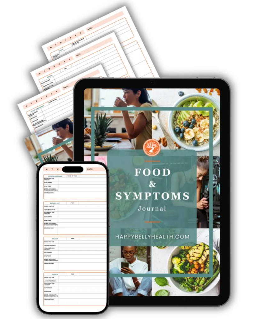 Food and Symptoms Journal mockup on tablet, phone, and printed pages